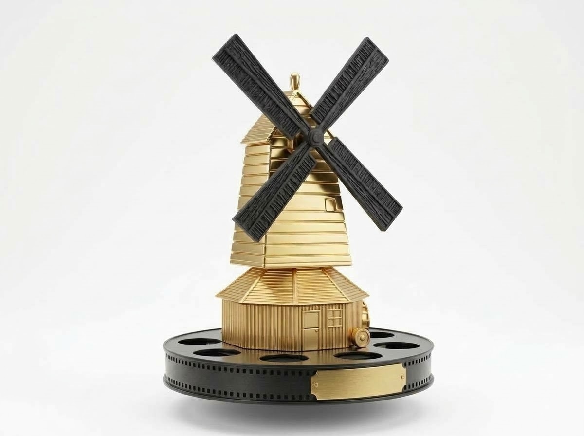 The Kineos trophy: a gold windmill with black sails on a film reel base